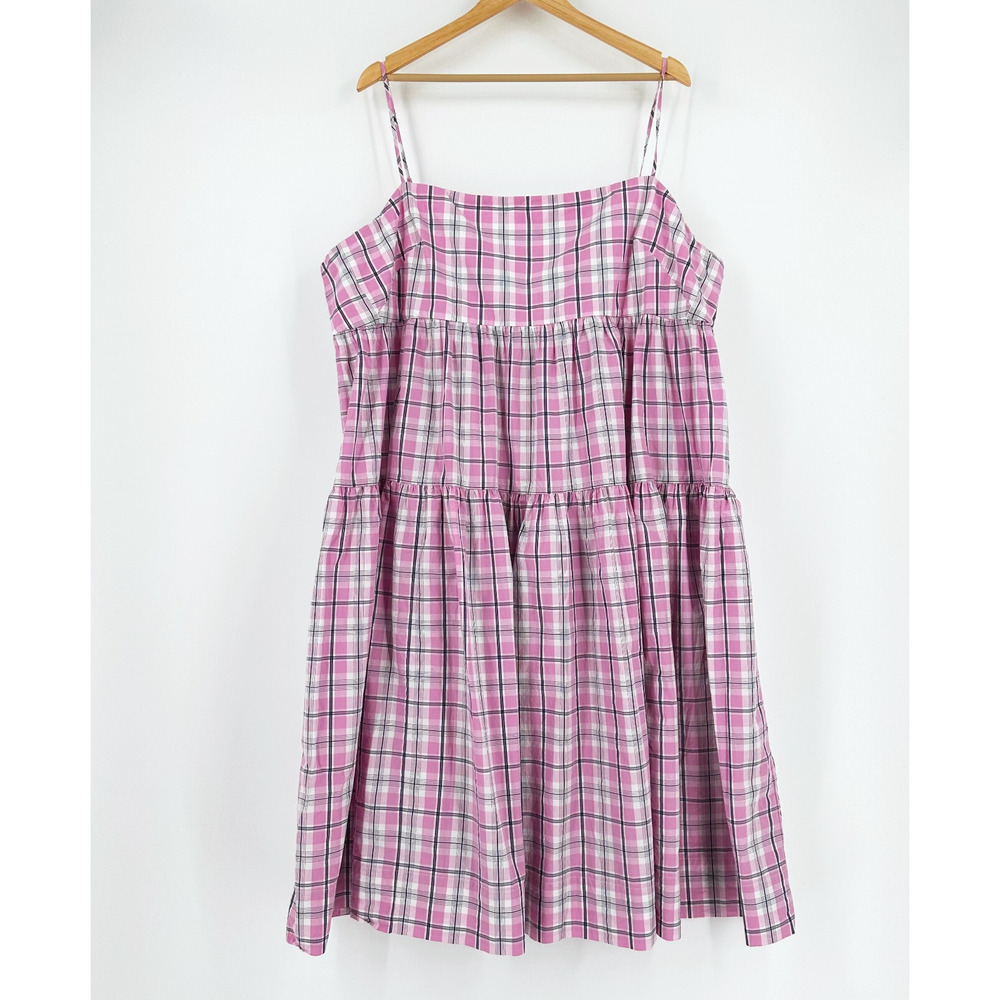 J Crew Women Plaid Midi Dress Size 24 Poplin Tiered Preppy Old Money Resort Pink - Picture 2 of 8